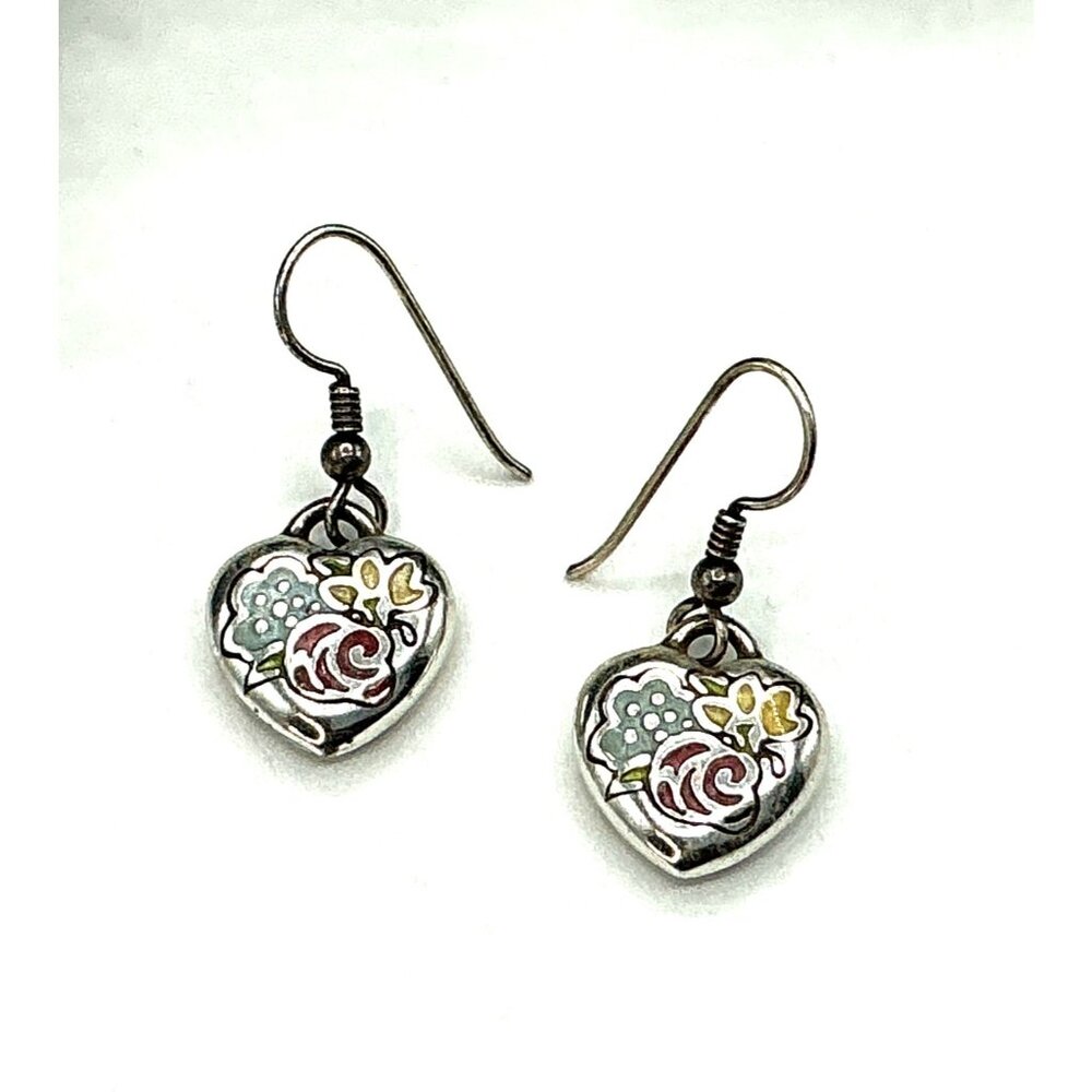 Heart-Shaped Floral Print Silver tone Drop Earrings